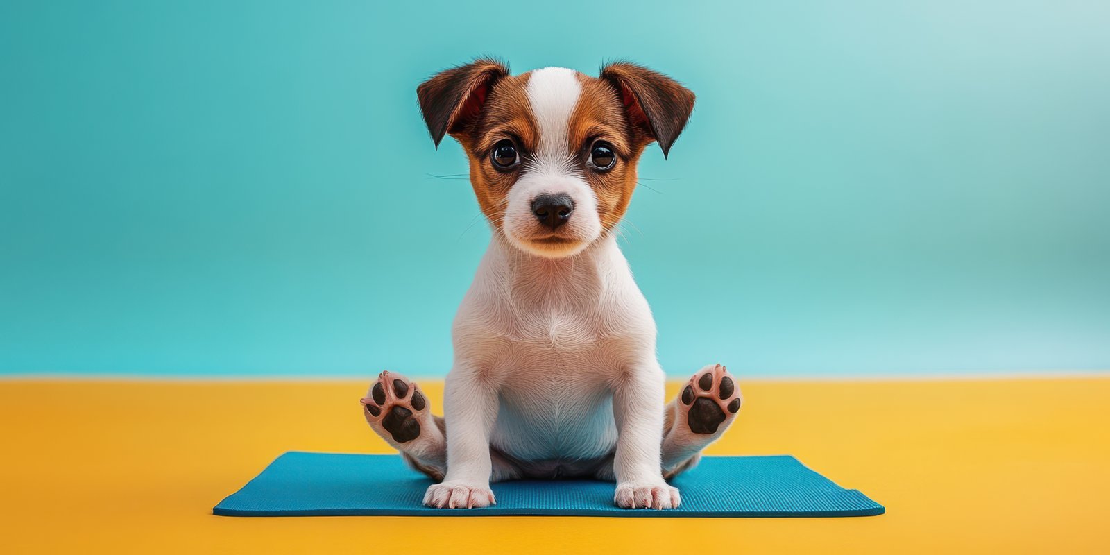Cute puppy sitting on a colorful mat with a playful expression in a bright studio setting